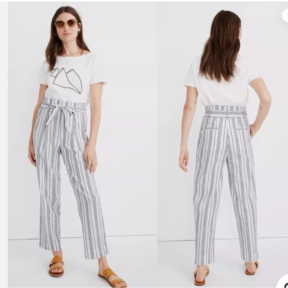 Madewell White and Blue linen/ Cotten blend Pants with Stripes